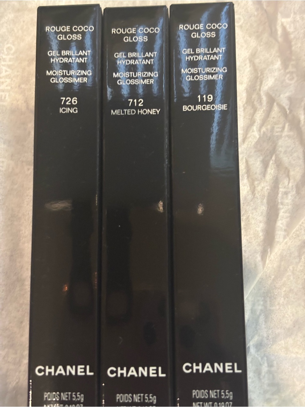 CHANEL Rouge Coco Gloss Trio in Icing, Melted Honey & Bourgeoisie in gift set